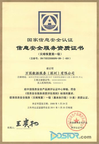 gds榮獲國內第一份災難恢復類信息安全服務資質